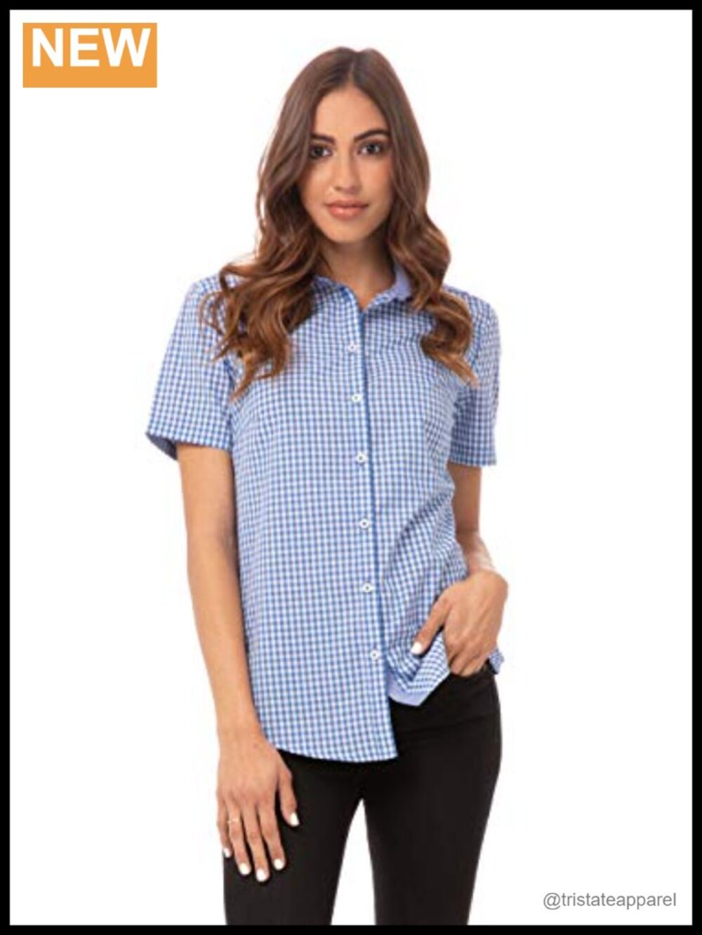 Chef Works Gingham Short Sleeve Button Down Shirt Women's Modern Fit Cotton